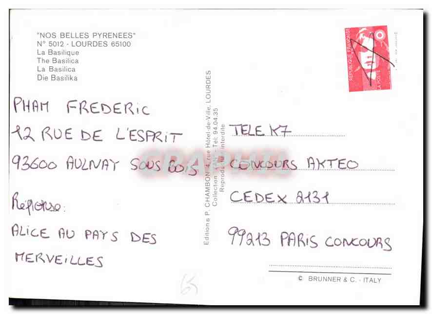 CPM Nos Belles Pyrenees Lourdes La Basilique  — Verso