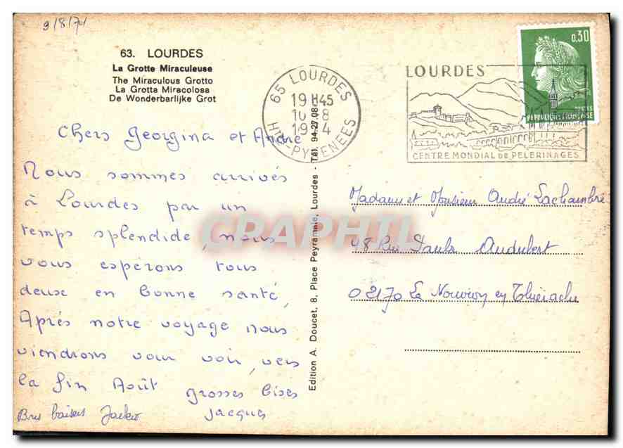 CPM Lourdes la Grotte Miraculeuse  — Verso