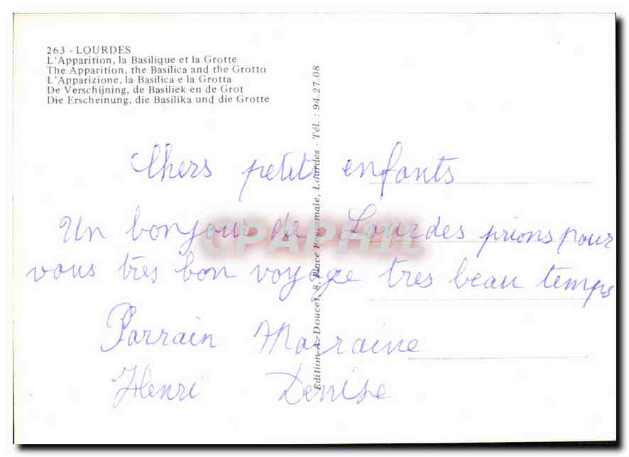 CPM Lourdes l'Apparition la Basilique et la Grotte  — Verso