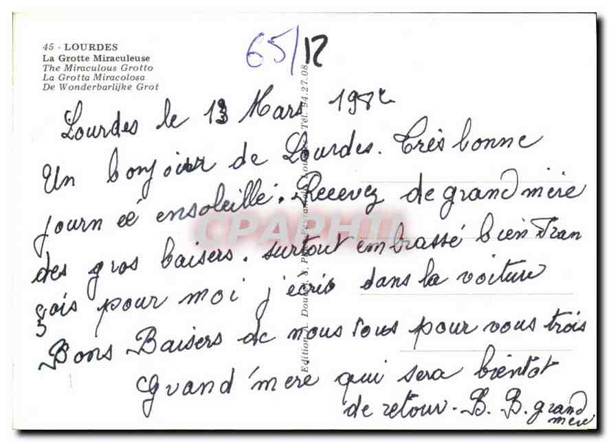 CPM Lourdes la Grotte Miraculeuse  — Verso
