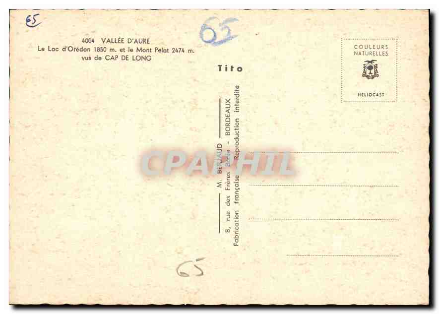 CPM Vallee d'Aure le Lac d'Oredon et le Mont Pelot vus de Cap de Long  — Verso