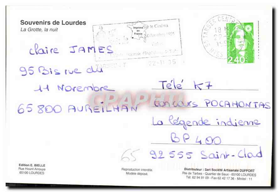 CPM Souvenir de Lourdes la Grotte la nuit  — Verso