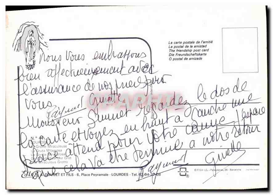 CPM Lourdes la Grotte Miraculeuse  — Verso