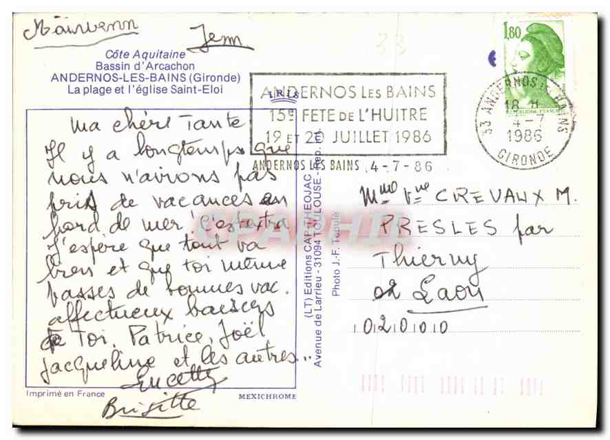 CPM Cote Aquitaine Bassin d'Arcachon Andernos les Bains Gironde la Plage et l'Eglise Saint Eloi   — Rückseite