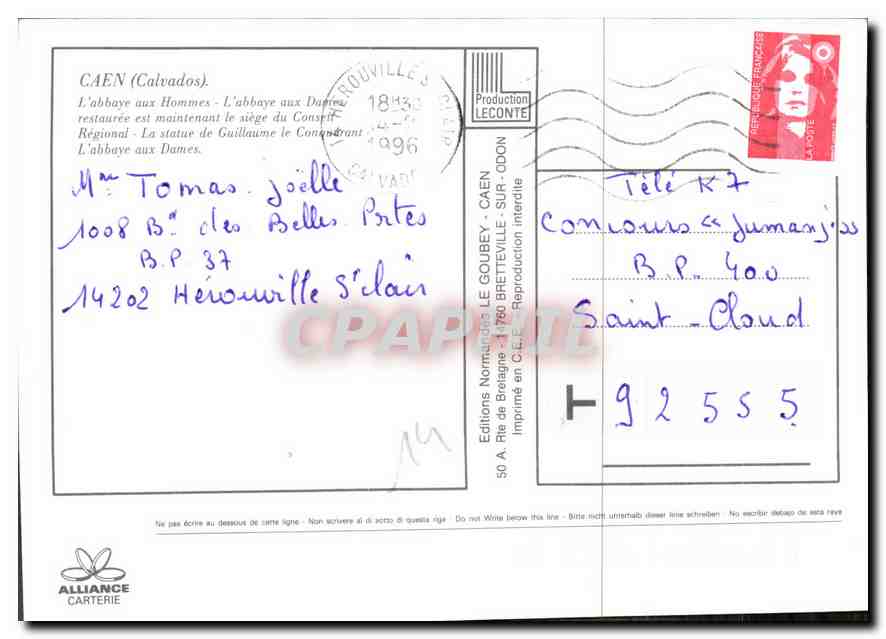 CPM Caen Calvados L'Abbaye aux Hommes L'Abbaye aux Dames la Statue de Guillaume le Connoncant  — Verso