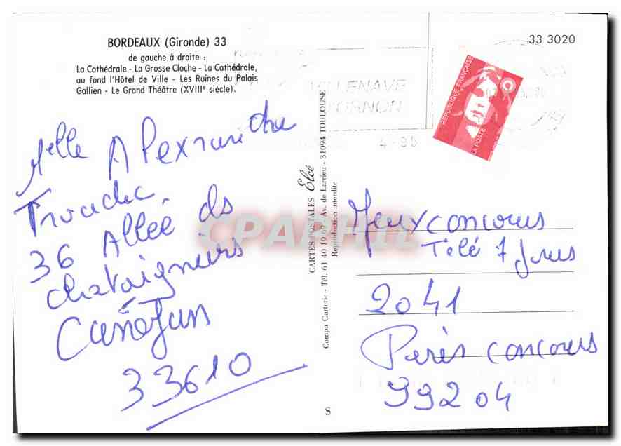 Bordeaux — la Nuit — Cartes Postales — Verso