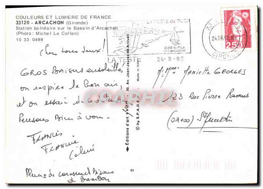 Arcachon — Station balnéaire sur le Bassin d'Arcachon — Éditions d'art V. V. (Italie) n°10 33 0499 — Verso