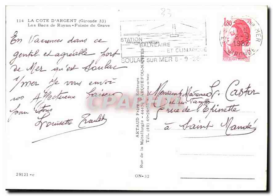 Les Bacs de Royan — Pointe de Grave — Éditeur Artaud Frères — Rückseite