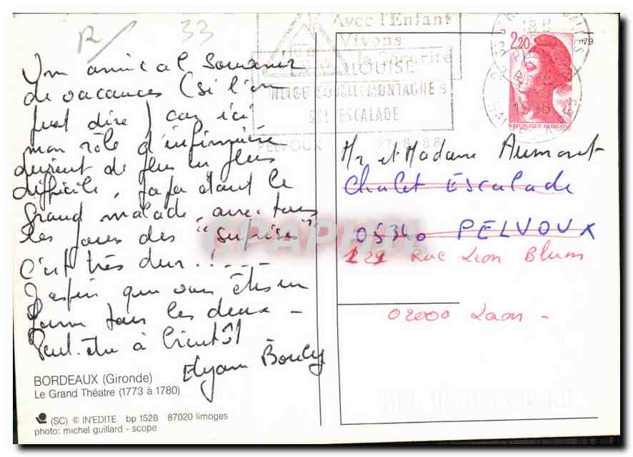 Le Grand Théâtre — Bordeaux — éditeur IN'EDITÉ, n° 1528 — Verso