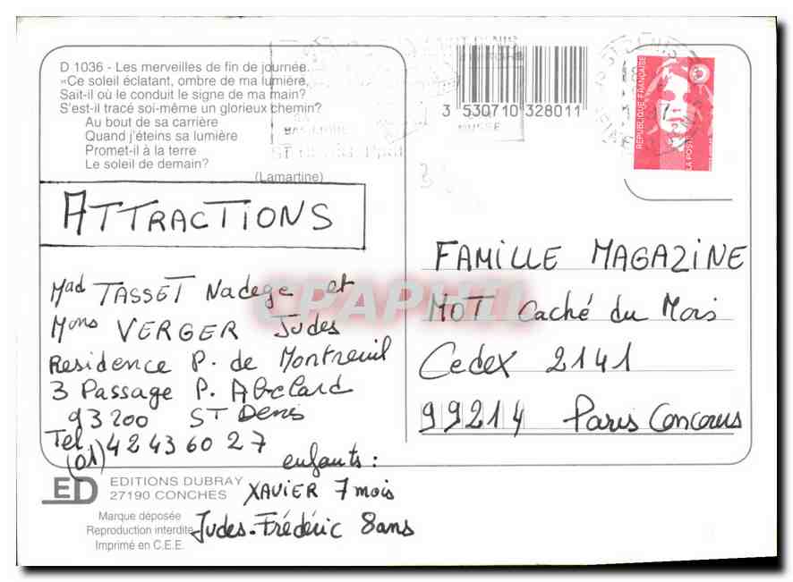 Merveilles de fin de journée — Éditions Dubray, n° D1036 — Verso