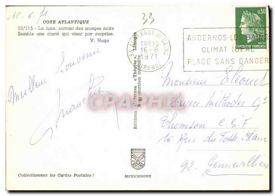 Paysage de pin — soleil derrière les branches — Éditions Modernes, Limoges, n°33/115 — Verso