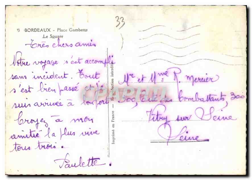 Place Gambette — Bordeaux — éditeur CPAPHIL n°33 — Verso