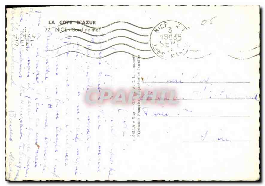 Bord de mer — La Côte d'Azur — éditeur Rella, Nice — Achterkant
