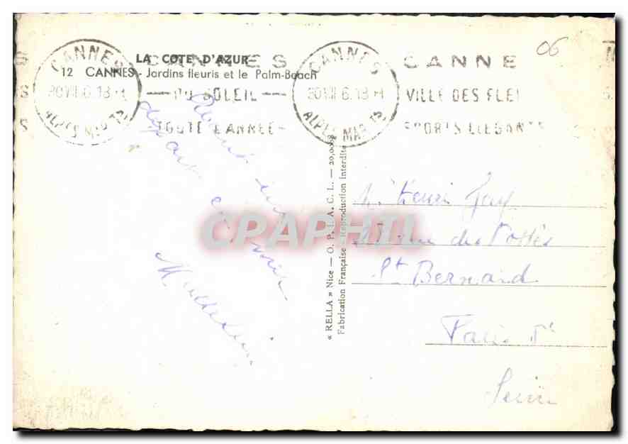 CPA la Cote d'Azur Cannes Jardins fleuris et le Palm Beach  — Rückseite