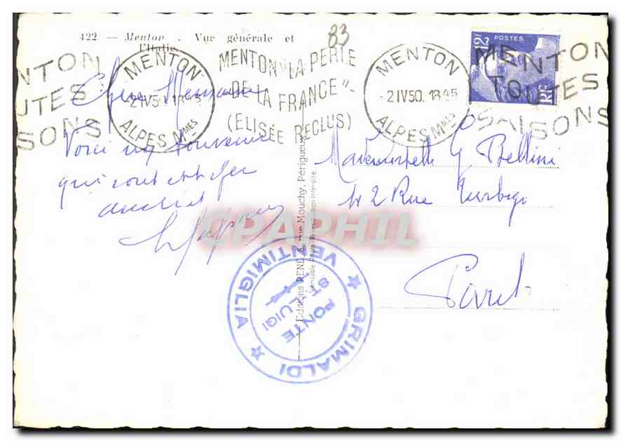 CPA Menton Vue generale et l'Italie  — Verso
