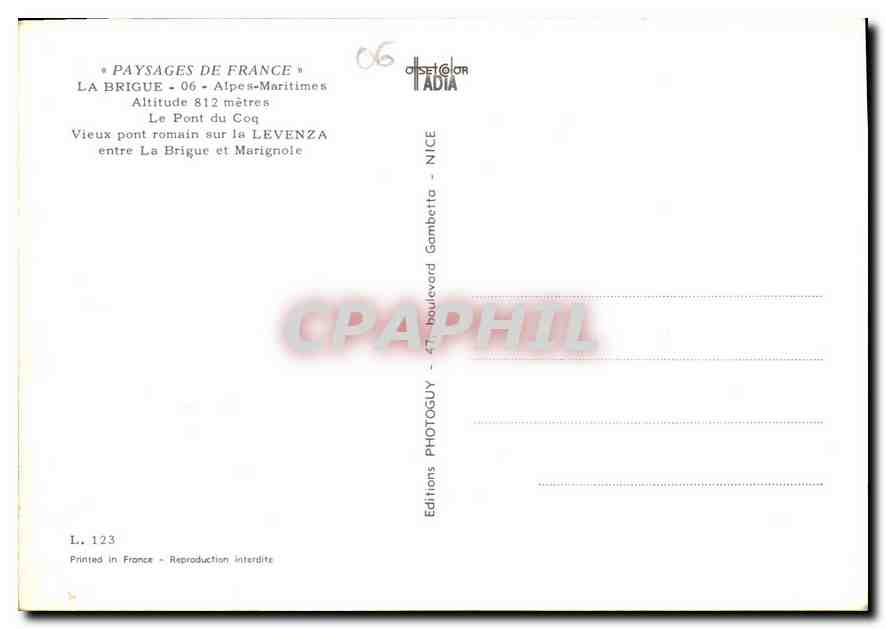 CPA Paysages de France la Brigue Alpes Maritimes le Pont du Coq Vieux pont romain sur la Levenza ent — Rückseite