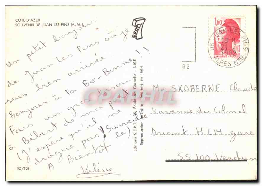 CPA Cote d'Azur Souvenir de Juan les Pins A M  — Verso