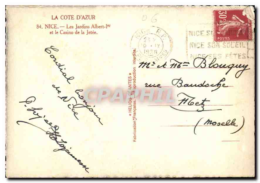 CPA la Cote d'Azur Nice les Jardins Albert I et le Casino de la Jetee  — Rückseite