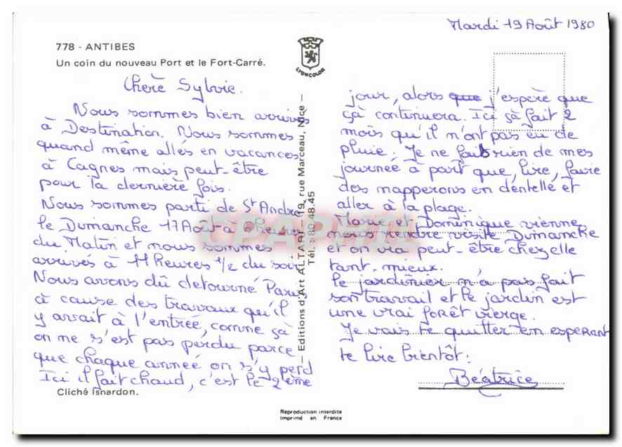 Antibes — Un coin du nouveau Port et le Fort-Carré — Éditions d'Art Altar 778 — Verso