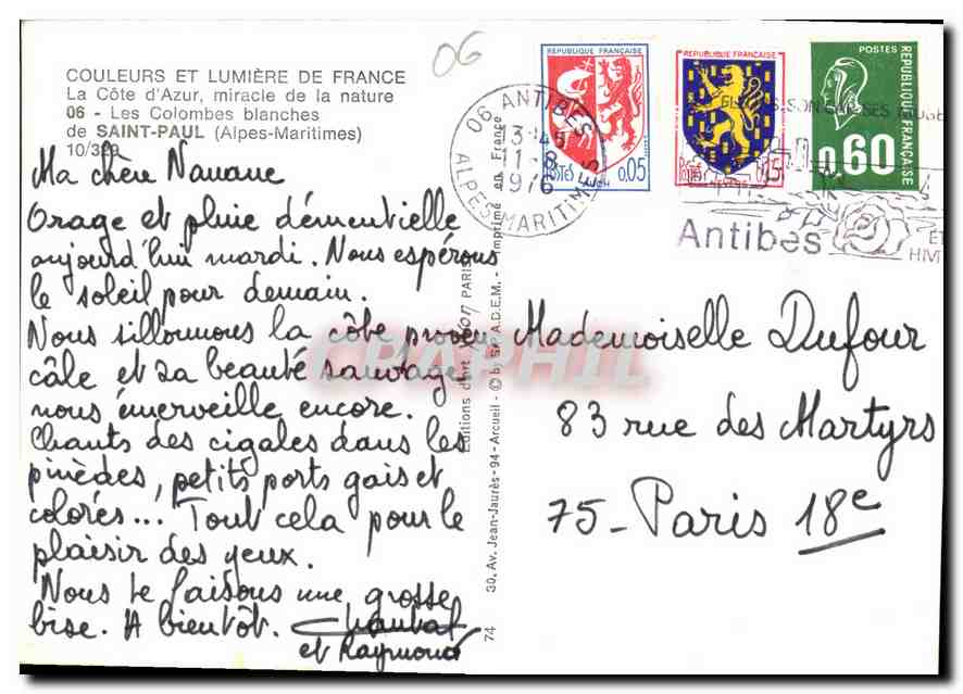 CPA Couleurs et Lumiere de France la Cote d'Azur miracle de la nature les Colombes blanches de Saint — Rückseite