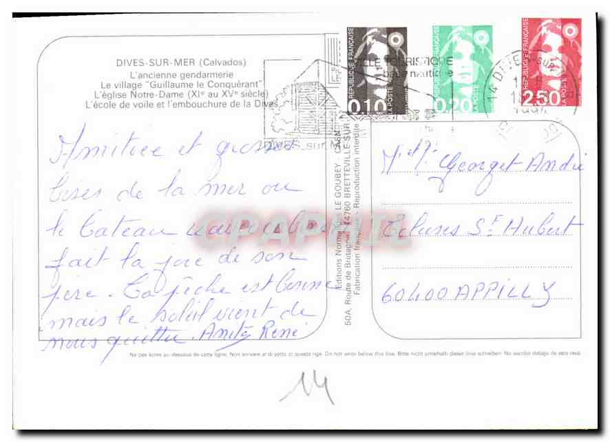 CPM Dives sur Mer Calvados l'ancienne gendarmerie le Village Guillaume le Conquerant l'Eglise Notre  — Rückseite