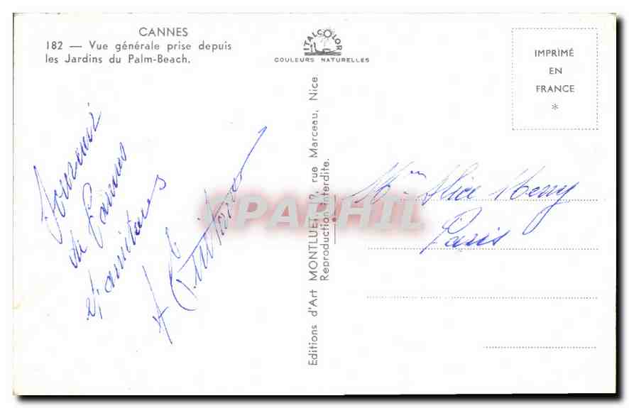 CPM Cannes Vue generale prise depuis les Jardins du Palm Beach  — Rückseite