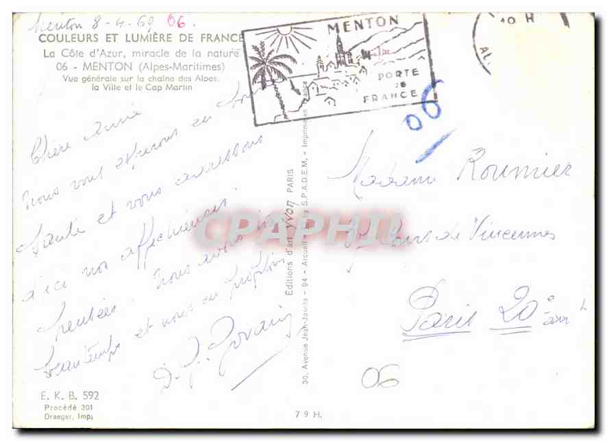 Menton — Vue générale sur la chaîne des Alpes et le Cap Martin — Éditions Jean-Jaona — Verso