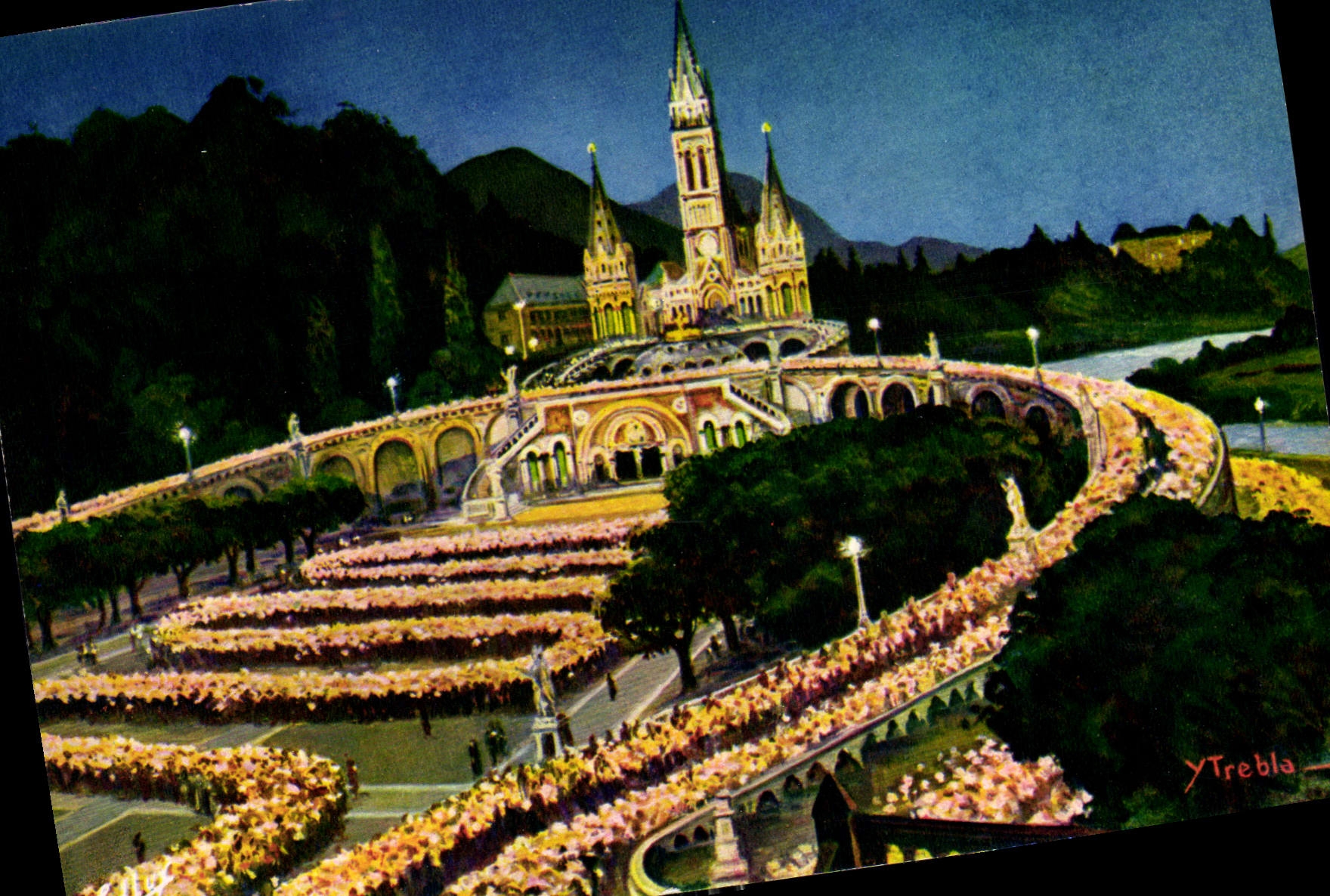 Lourdes — La Basilique illuminée et la Procession aux flambeaux — Edition A. Doucet