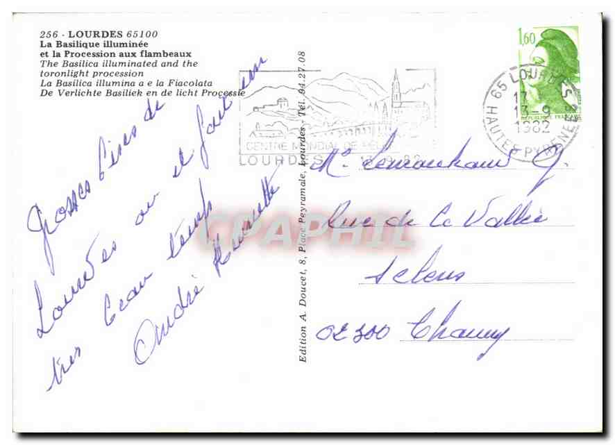 Lourdes — La Basilique illuminée et la Procession aux flambeaux — Edition A. Doucet — Verso