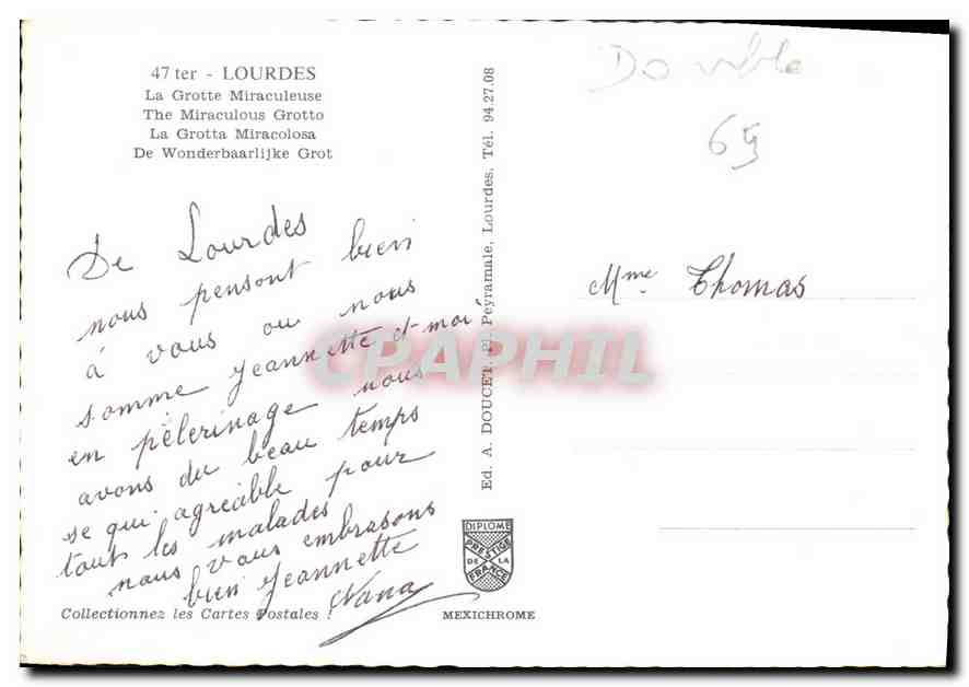 CPM Lourdes  La Grotte Miraculeuse  — Verso