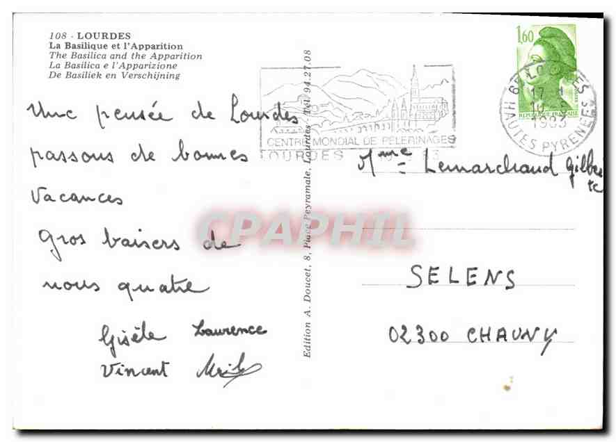 CPM Lourdes  La Basilique et l'Apparition  — Verso
