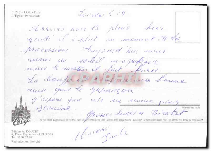 CPM Lourdes  L'Eglise Paroissiale  — Verso