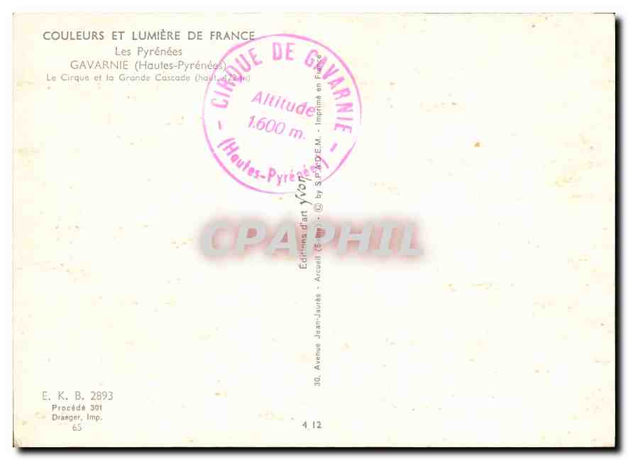 CPM Les Pyrenees Gavarnie Hautes Pyrenees Le Cirque et la Grande Cascade  — Verso