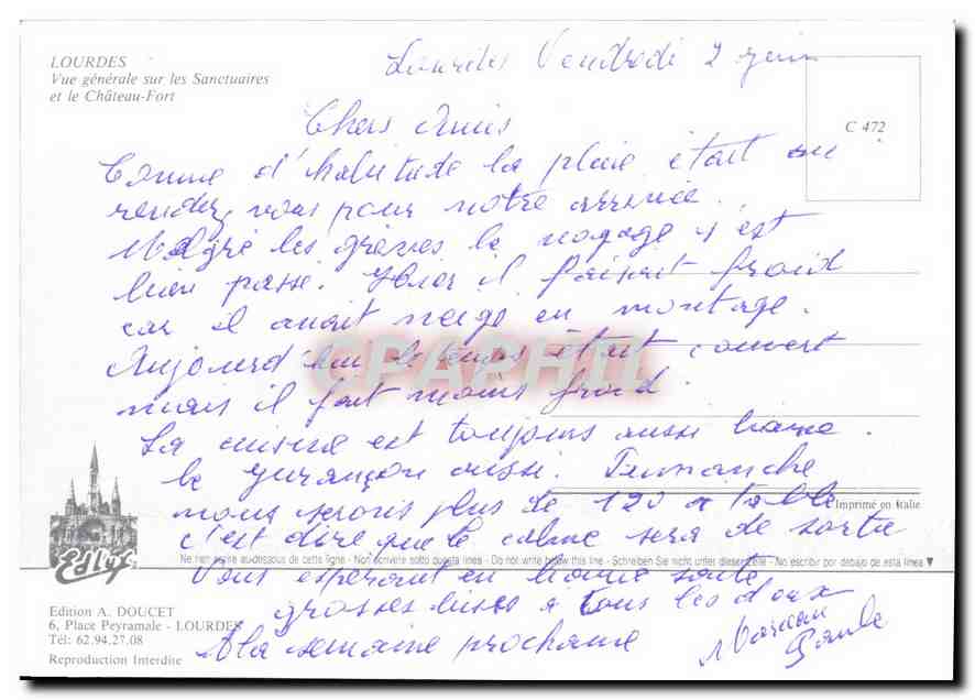 CPM Lourdes  Vue generale sur les Sanctuaires et le Chateau Fort  — Verso
