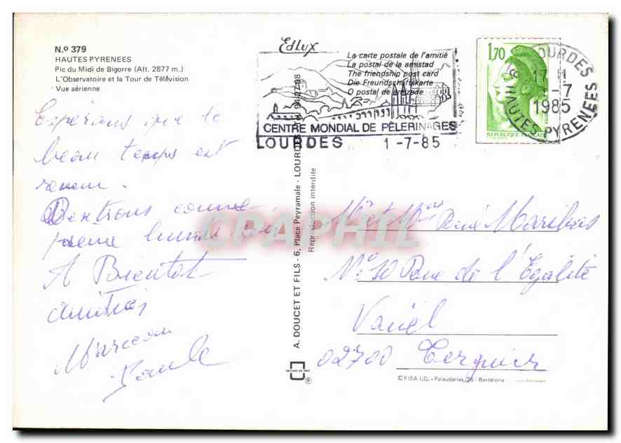 CPM Hautes Pyrenees Pic du Midi de Bigorre  — Verso