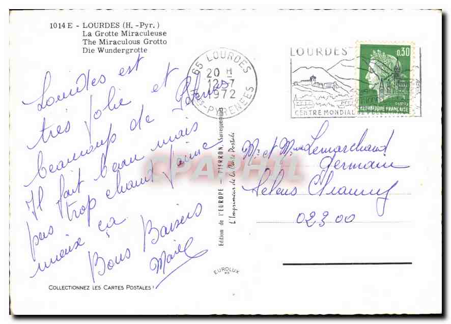 CPM Lourdes  Hautes Pyrenees La Grotte Miraculeuse  — Verso