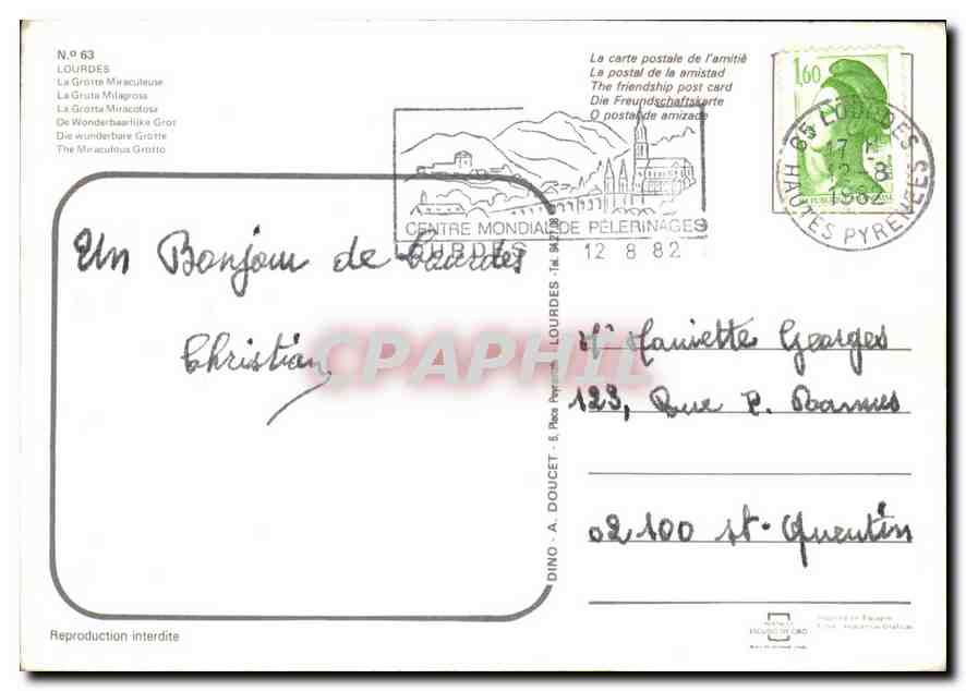 CPM Lourdes  La Grotte Miraculeuse  — Verso