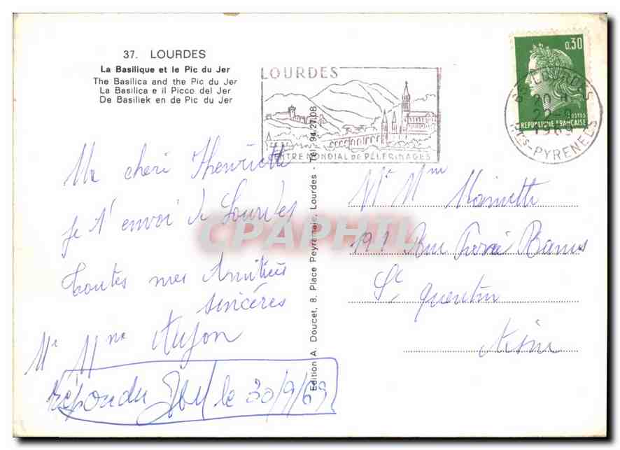 CPM Lourdes  La Basilique et le Pic du Jer  — Verso