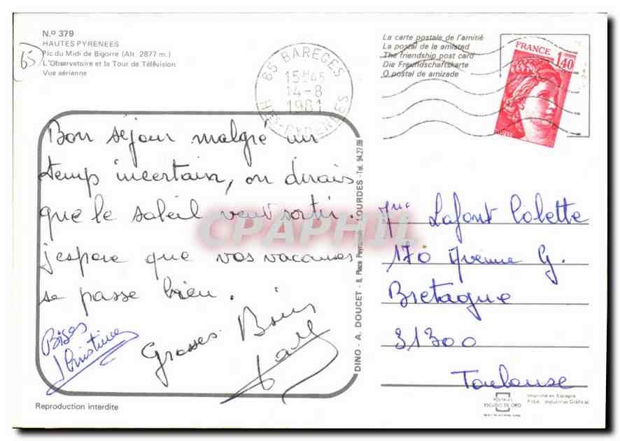 Pic du Midi de Bigorre — Vue aérienne — Dino A. Doucet, n° 379 — Rückseite