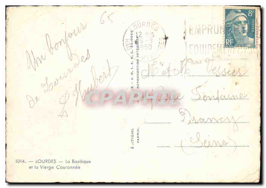 CPM Lourdes La Basilique et la Vierge Couronnee  — Verso