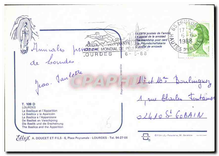 CPM Lourdes La Basilique et l'Apparition  — Verso
