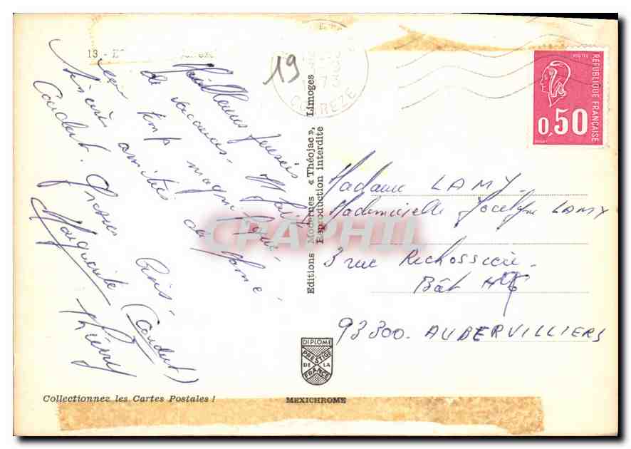 CPM Egletons Inania Pello L'Hotel de Ville EATP le Stade Le Biason Le Chateau de Maumont La Piscine  — Rückseite
