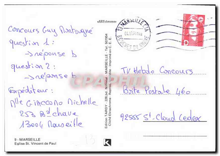 CPM Marseille Eglise St Vincent de Paul  — Rückseite