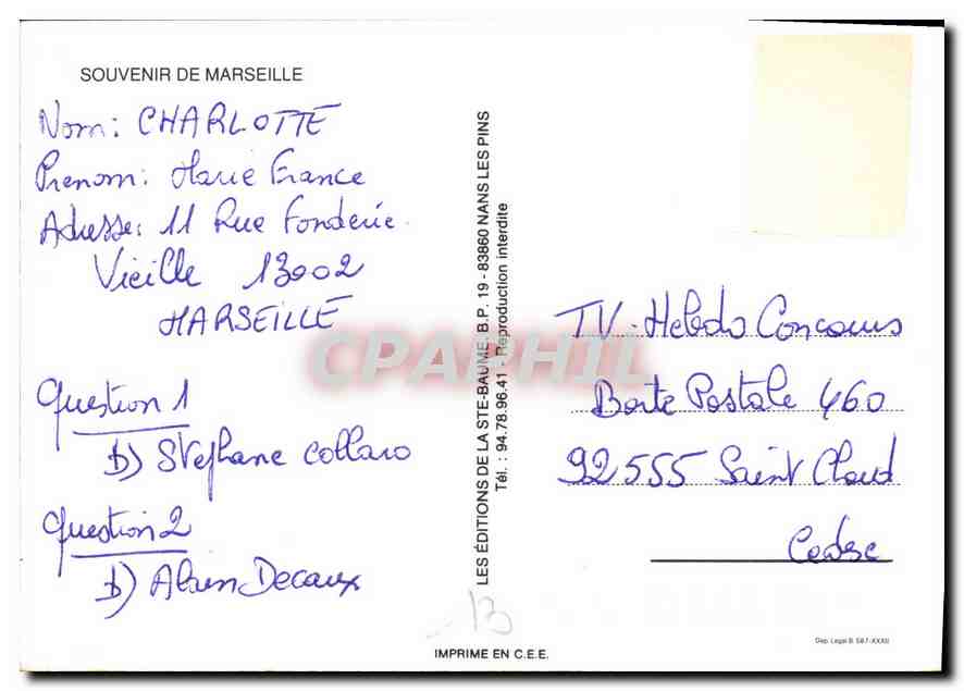 CPM Souvenir de Marseille  — Rückseite