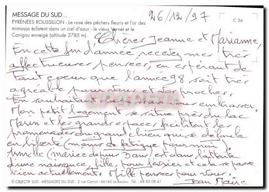 CPM Pyrenees Roussillon Le rose des pechers fleuris et l'Or des mimosas eclatent dans un ciel d'Azur — Back