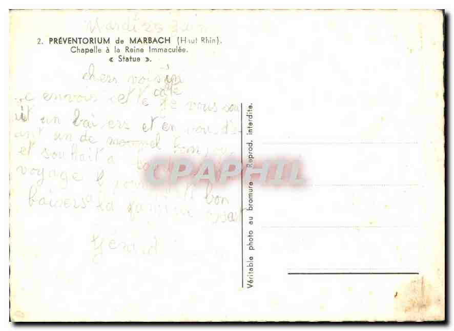 CPM Preventorium de Marbach Haut Rhin Chapelle a la Reine Immaculee  — Verso