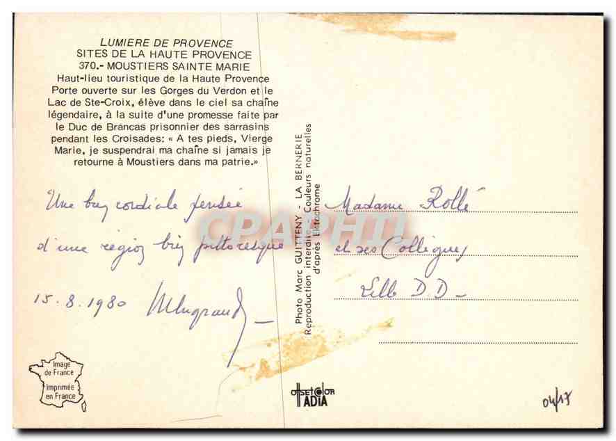CPM Moustiers Ste Marie Cite Medievale Berceau de la faience  — Verso