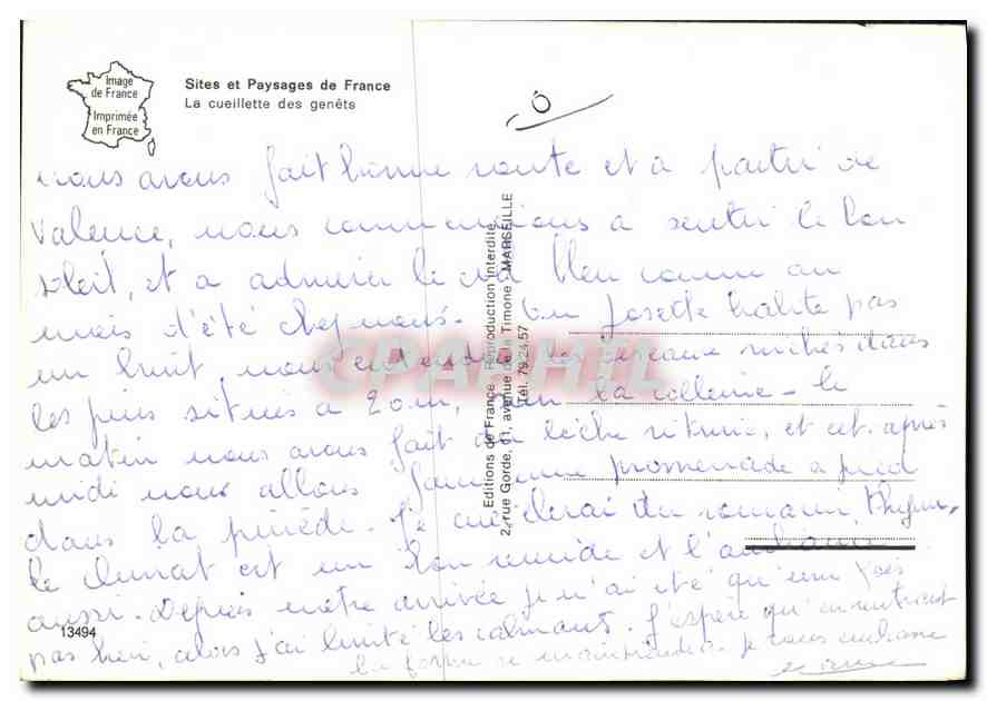 CPM Sites et Paysages de France La cueillette des genets  — Verso