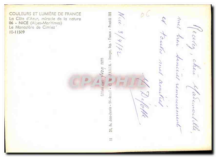CPM Couleurs et Lumiere de France La Cote d'Azur Miracle de la Nature Le Monastere de Cimiez  — Verso