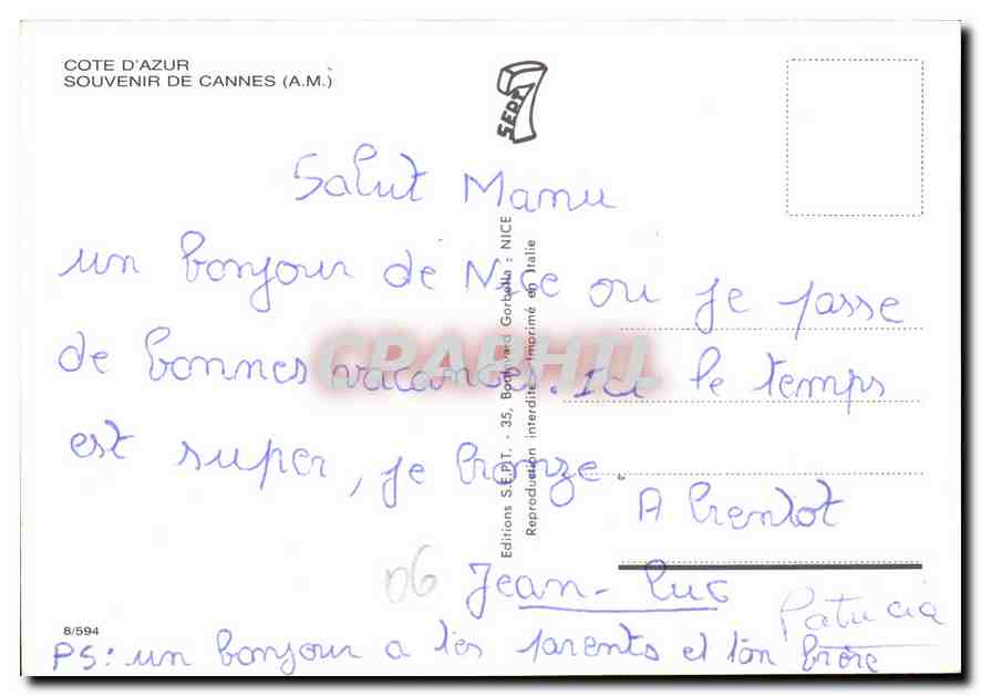 CPM Cote d'Azur Souvenir de Cannes  — Verso